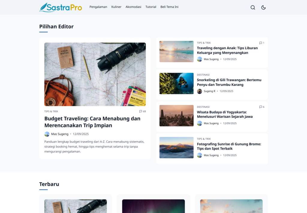 Tampilan tema WordPress SastraPro di desktop, halaman depan blog