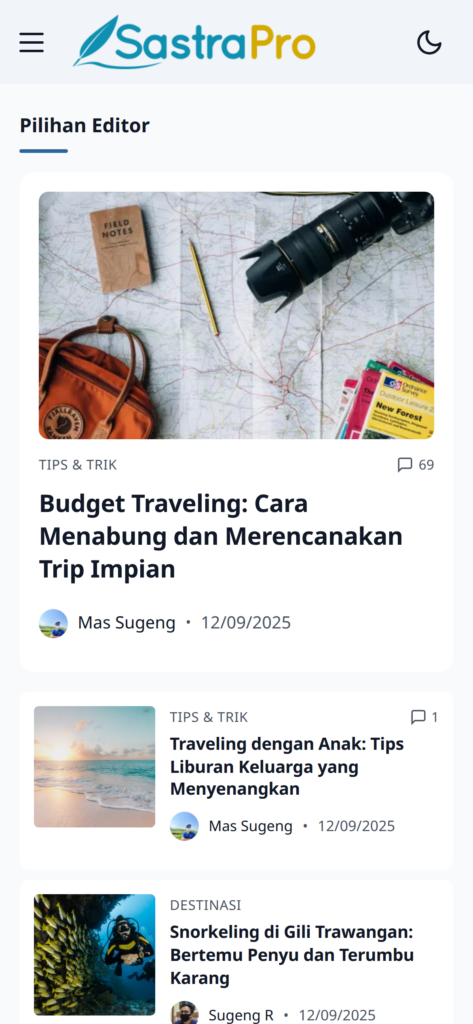 Tampilan tema WordPress SastraPro di ponsel, halaman depan blog