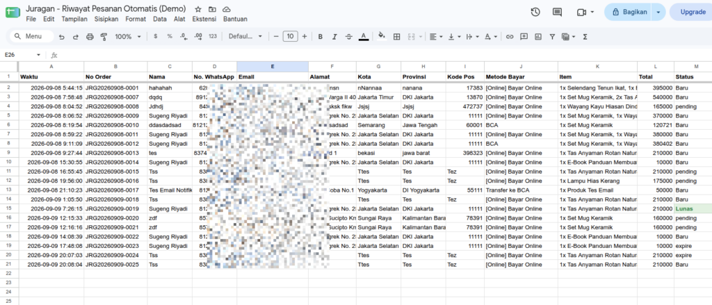 Riwayat pesanan otomatis di Google Spreadsheet