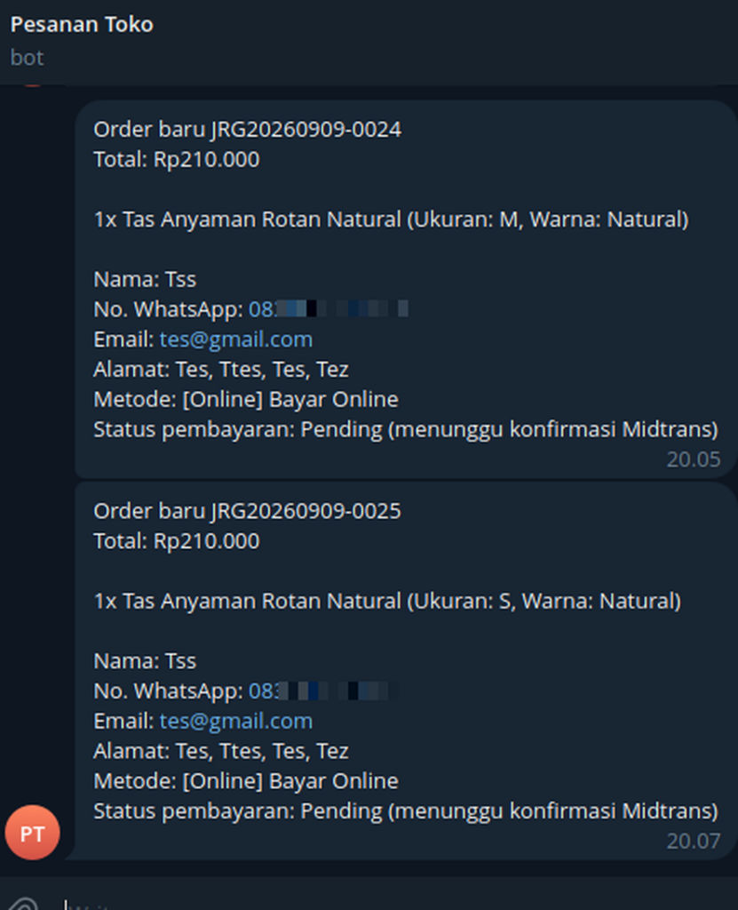 Notifikasi pesanan baru via bot Telegram